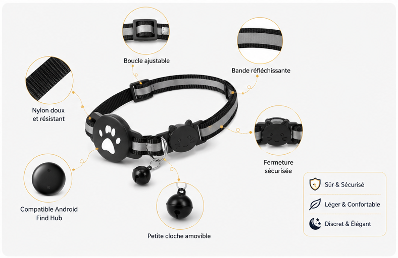 Collier GPS intelligent pour chat – Suivi en temps réel, étanche, léger & réfléchissant