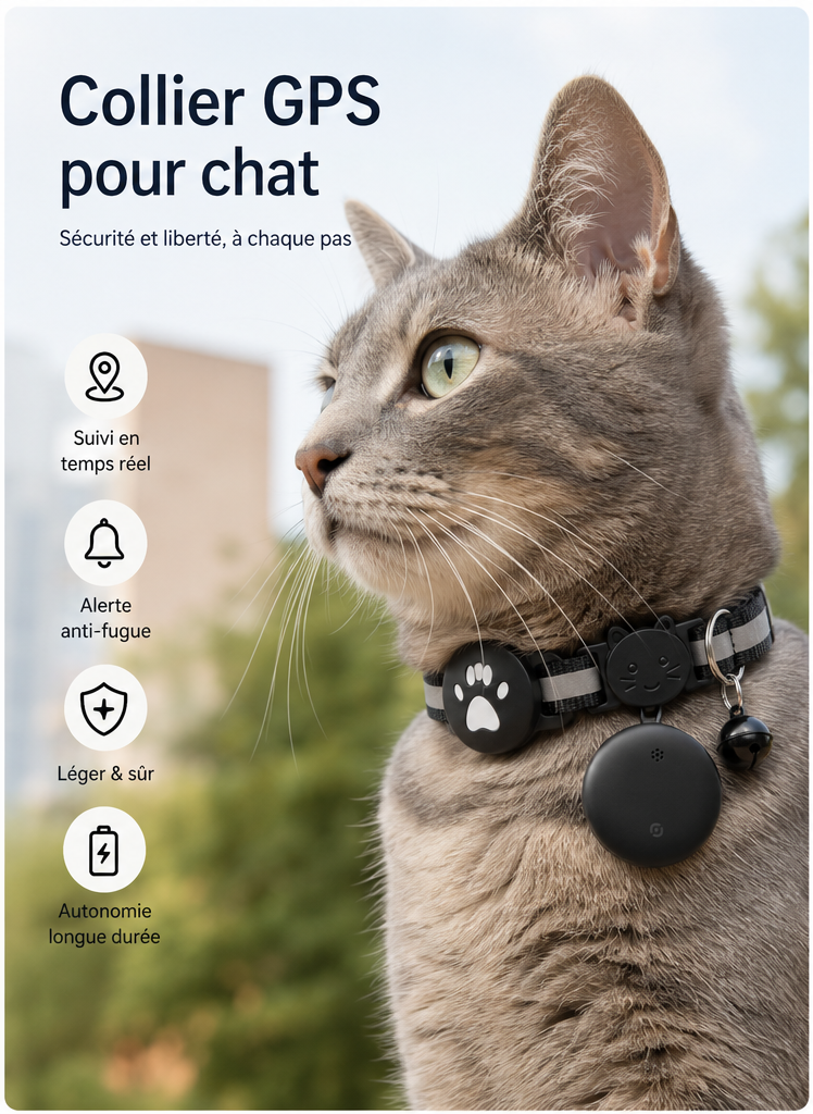 Collier GPS intelligent pour chat – Suivi en temps réel, étanche, léger & réfléchissant