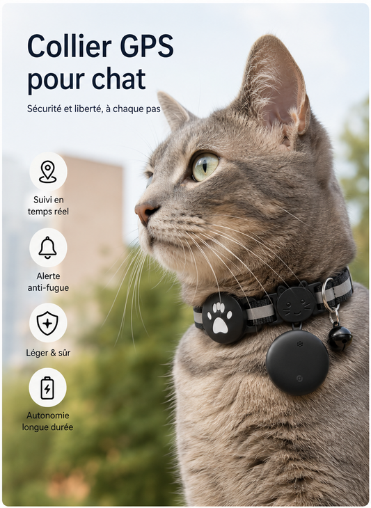Collier GPS intelligent pour chat – Suivi en temps réel, étanche, léger & réfléchissant